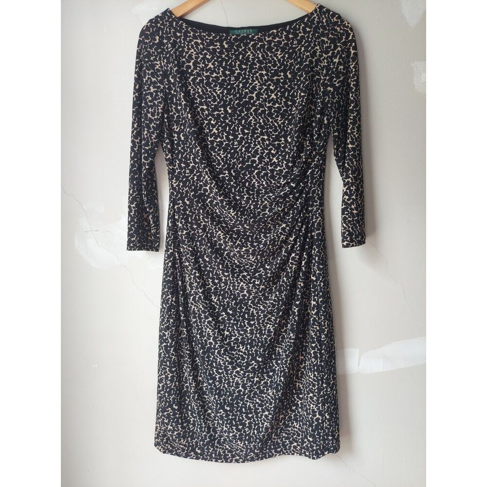 Ralph Lauren Leopard Print Dress Midi 8 Stretchy Fitted Long Sleeve Scoop Neck